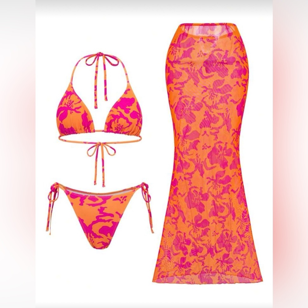 SHEIN Red & Orange Floral Bikini Set - 2 piece bikini with coverup